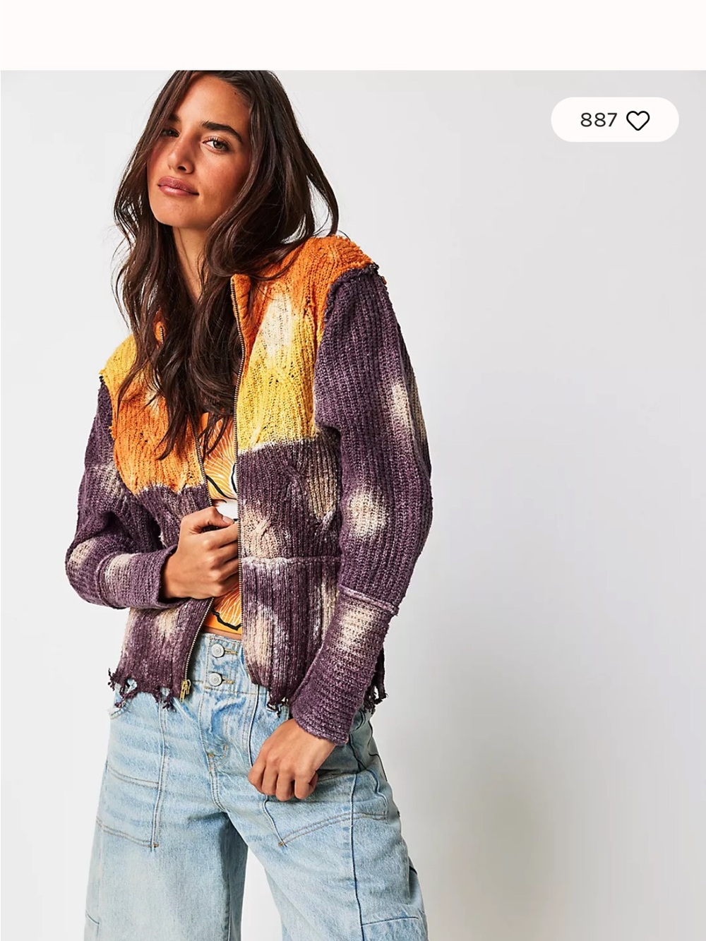 Free People Colorblock Zip Knit Cardigan in Orange & Purple